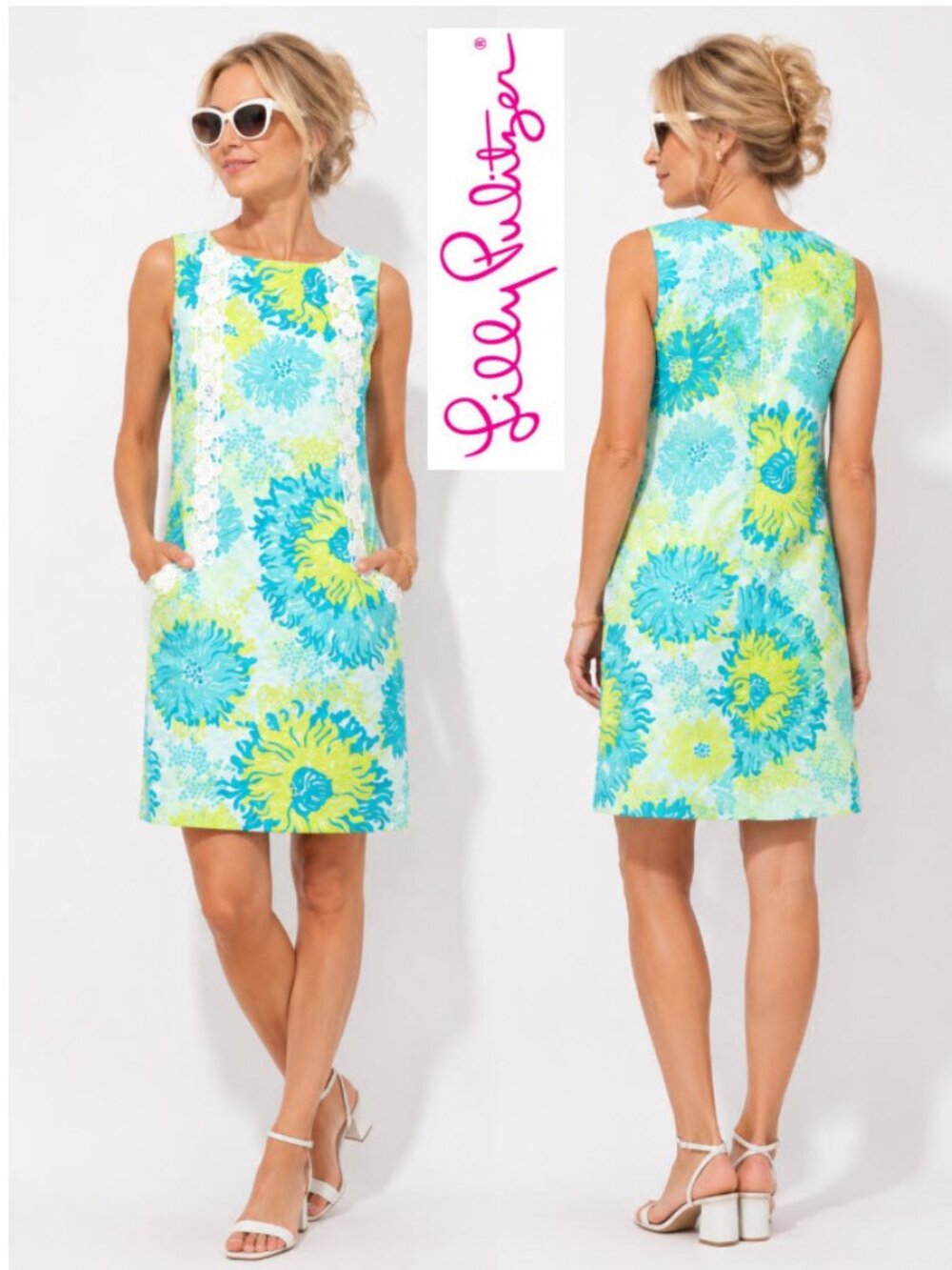 Lilly Pulitzer Floral Shift Dress Lace Trim Pockets Aqua Lime Size 4 Travel Chic